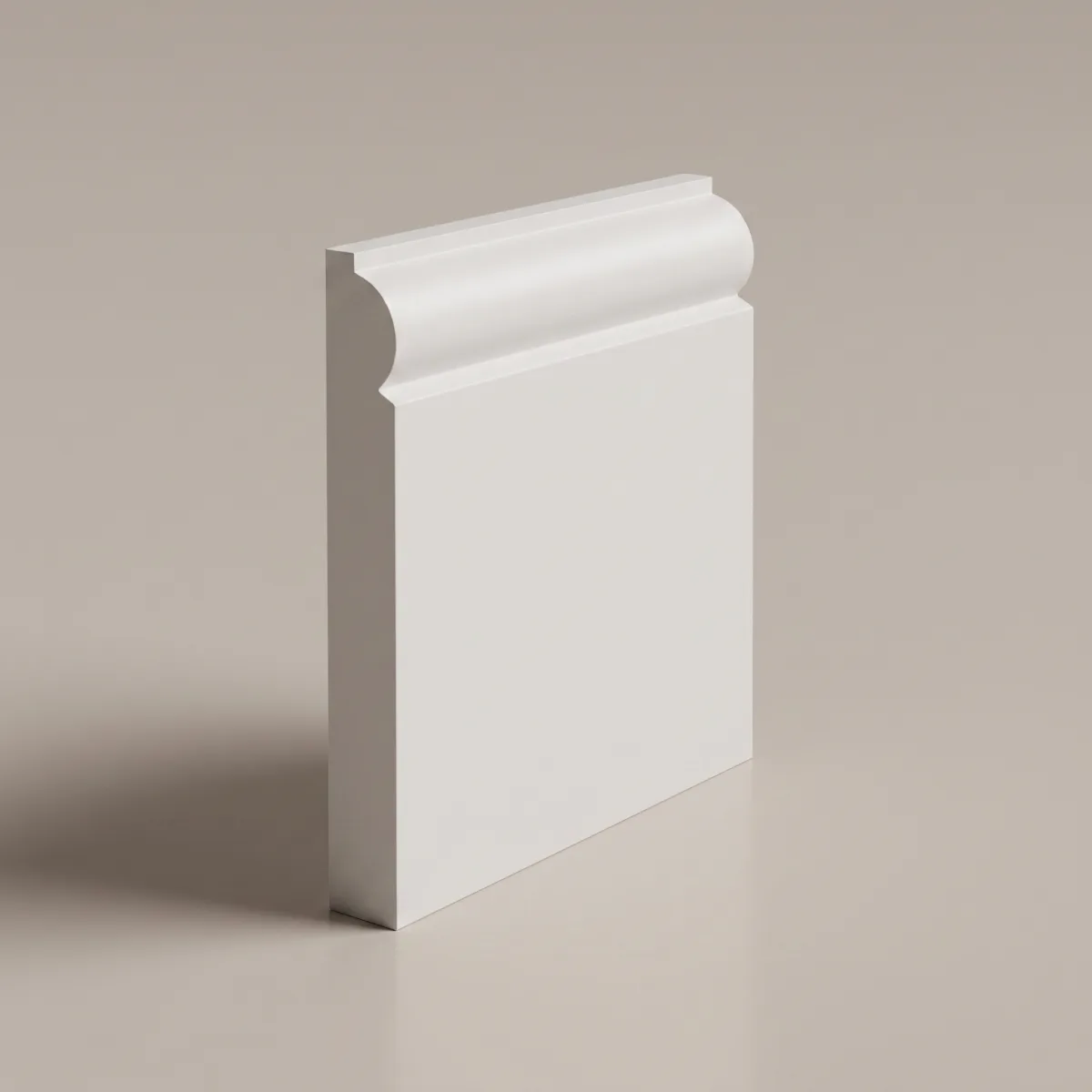 Ovolo skirting board profile, illustrated render of a primed board — Edwardian