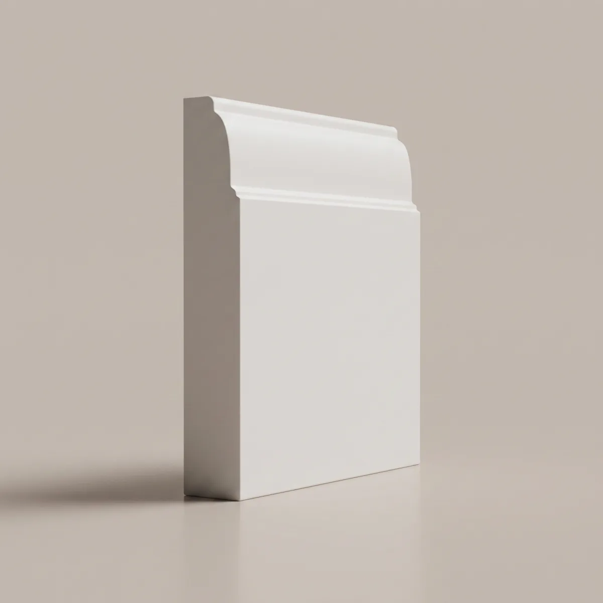 Quirked Ogee skirting board profile, illustrated render of a primed board — Victorian